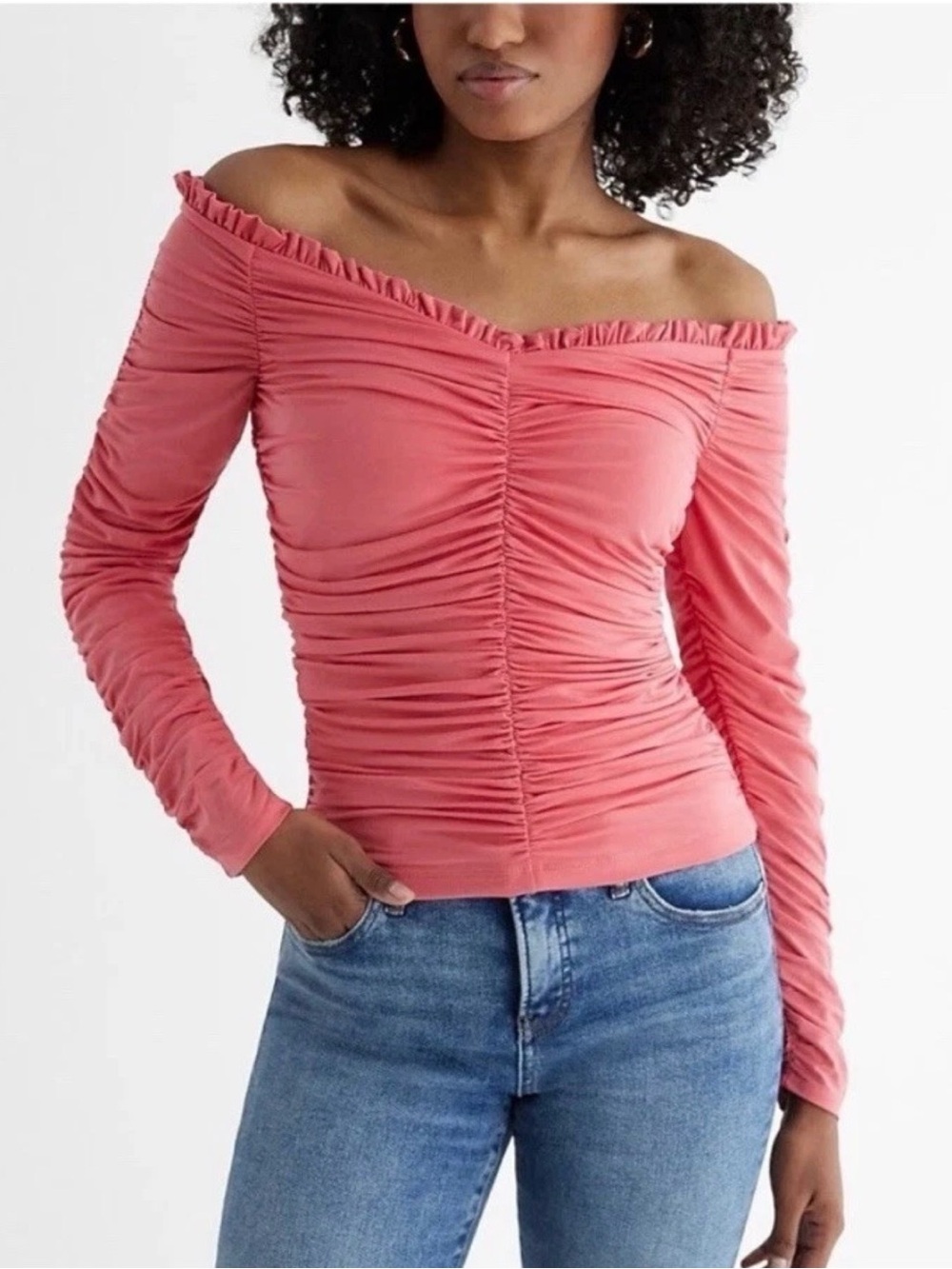 Express Pink Off-Shoulder Ruched Long Sleeve Top